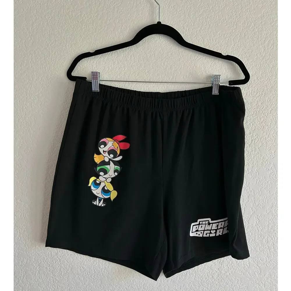 Romwe Powerpuff Girls Cartoon Letter Graphic Biker Black Shorts Plus Size 3XL - Picture 5 of 14